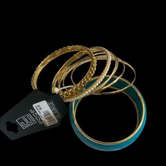Elegant Gold and Teal Bangle Set of 7 - Picture 2 of 2